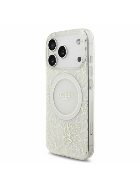 Guess Guess IML Flowers Allover Strap MagSafe Заден Калъф за iPhone 17 Pro Бял