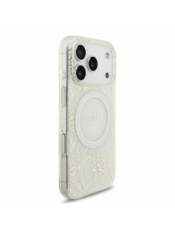 Guess Guess IML Flowers Allover Strap MagSafe Заден Калъф за iPhone 17 Pro Бял