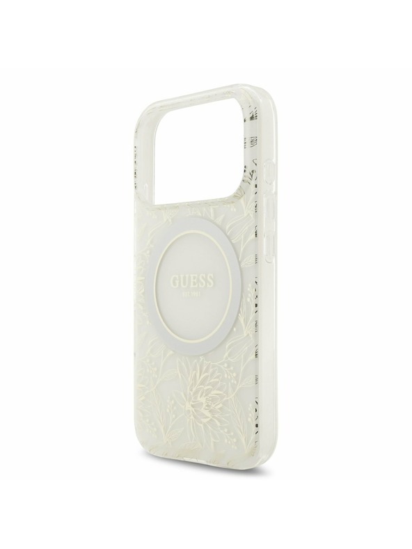 Guess Guess IML Flowers Allover Strap MagSafe Заден Калъф за iPhone 17 Pro Бял