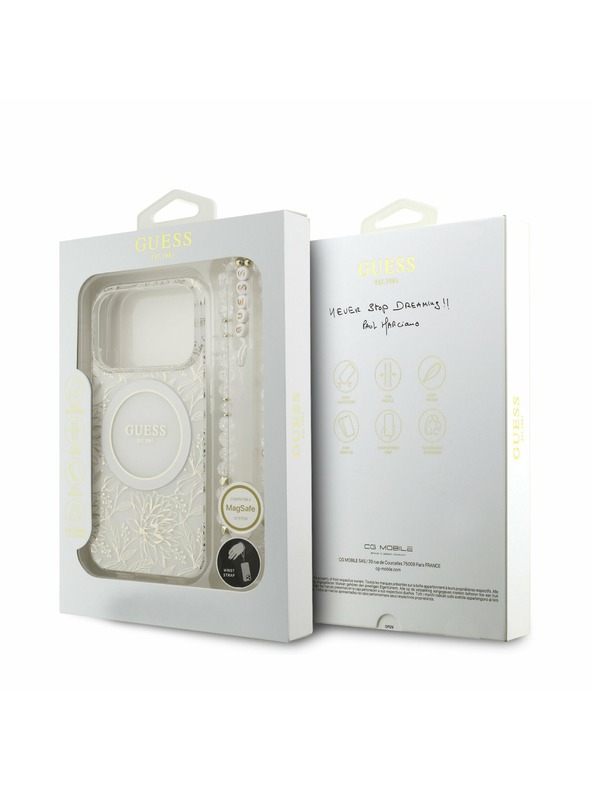 Guess Guess IML Flowers Allover Strap MagSafe Заден Калъф за iPhone 17 Pro Бял