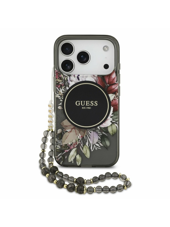 Guess Guess IML Flowers Strap MagSafe Заден Калъф за iPhone 17 Pro Черен