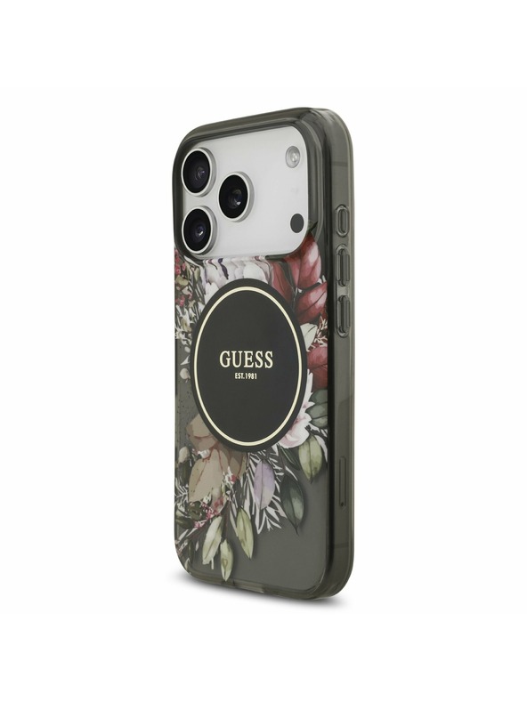 Guess Guess IML Flowers Strap MagSafe Заден Калъф за iPhone 17 Pro Черен
