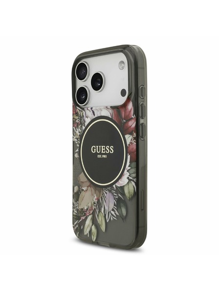 Guess Guess IML Flowers Strap MagSafe Заден Калъф за iPhone 17 Pro Черен