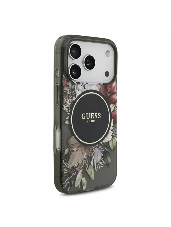 Guess Guess IML Flowers Strap MagSafe Заден Калъф за iPhone 17 Pro Черен
