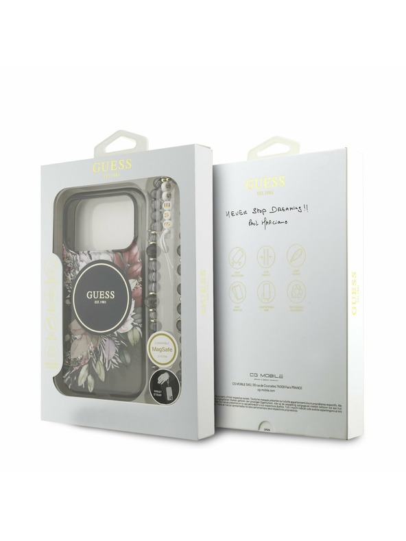 Guess Guess IML Flowers Strap MagSafe Заден Калъф за iPhone 17 Pro Черен