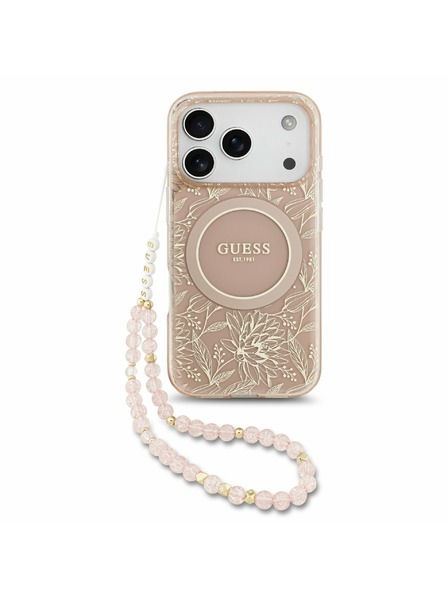 Guess Guess IML Flowers Allover Strap MagSafe Заден Калъф за iPhone 17 Pro Розов