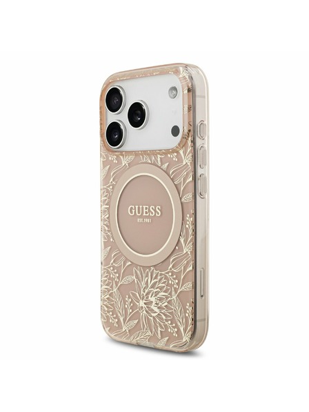 Guess Guess IML Flowers Allover Strap MagSafe Заден Калъф за iPhone 17 Pro Розов