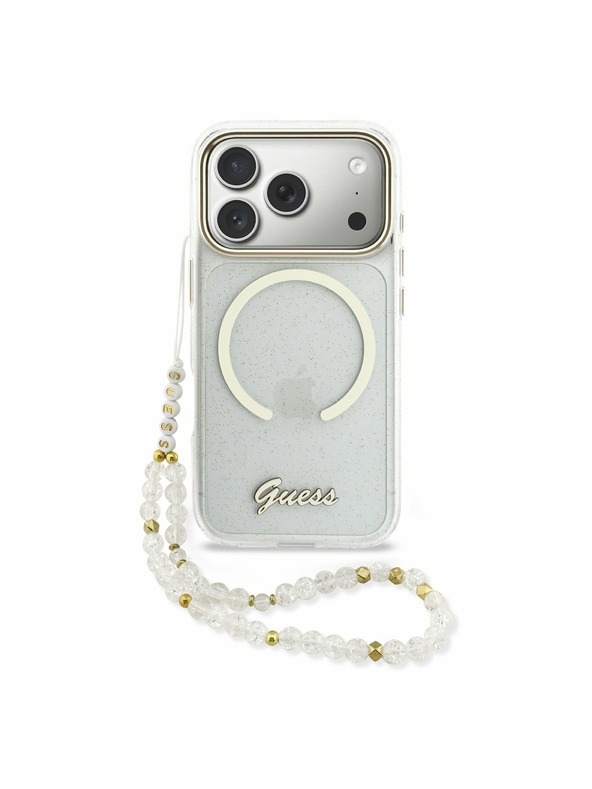 Guess Guess IML Glitter Script Strap MagSafe Заден Калъф за iPhone 17 Pro Прозрачен
