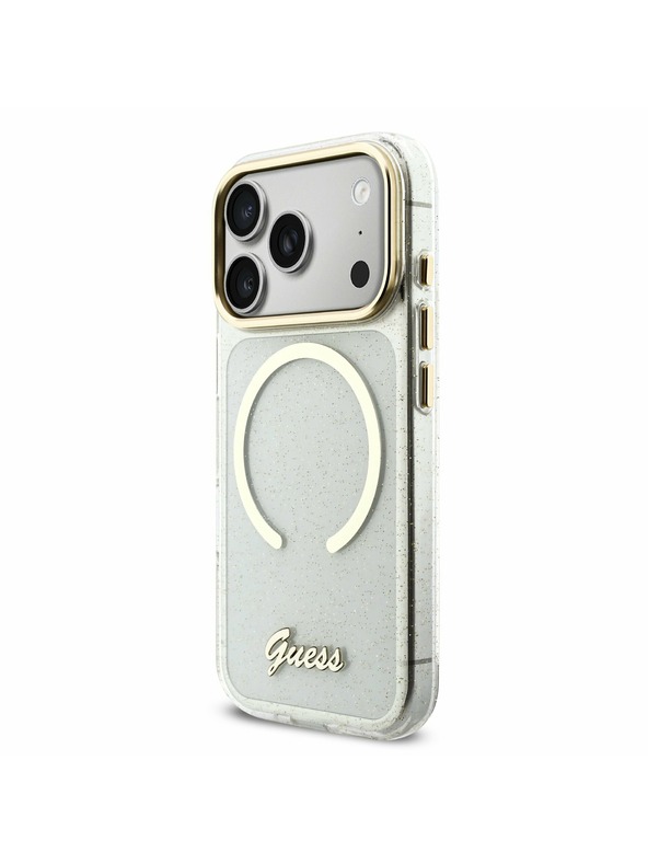 Guess Guess IML Glitter Script Strap MagSafe Заден Калъф за iPhone 17 Pro Прозрачен