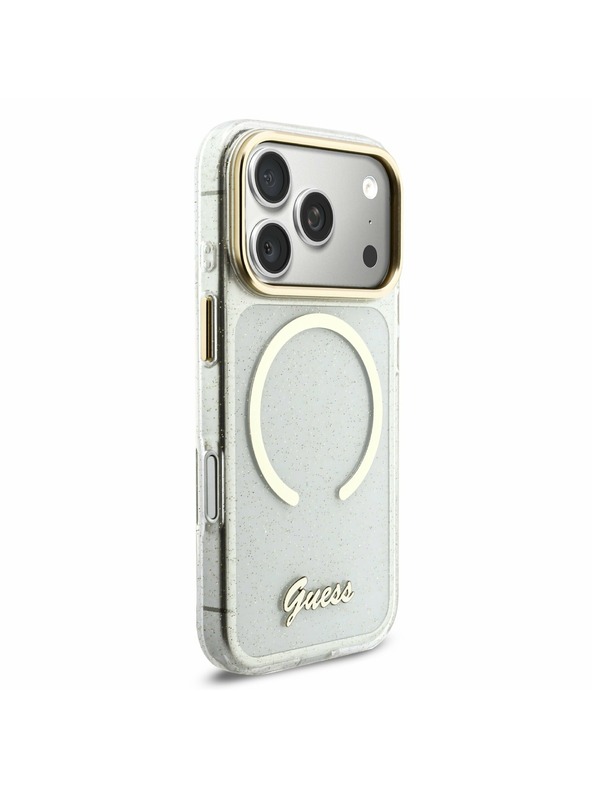 Guess Guess IML Glitter Script Strap MagSafe Заден Калъф за iPhone 17 Pro Прозрачен