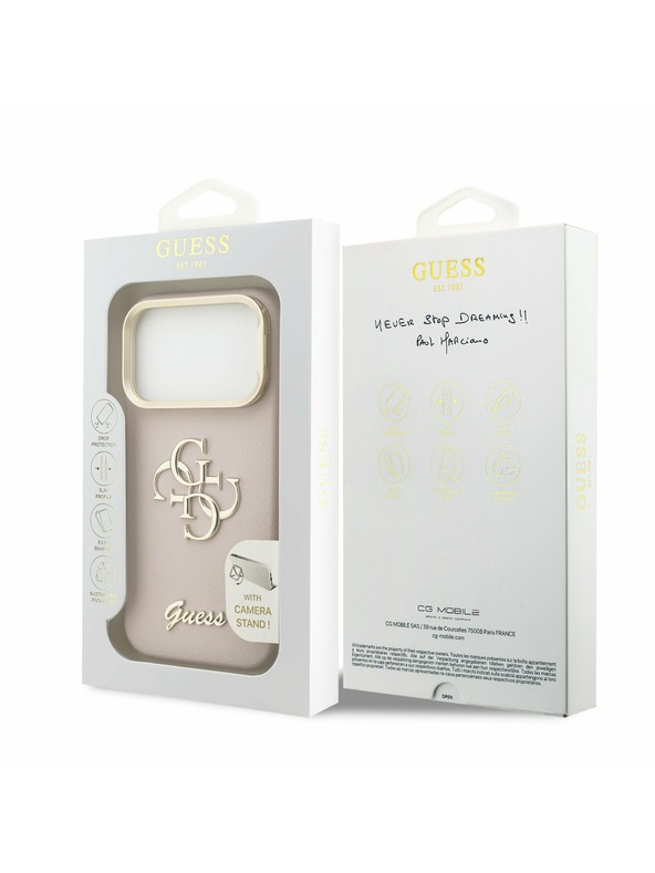 Guess Guess PU Grained 4G Logo Stand Camera Frame Заден Калъф за iPhone 17 Pro Розов