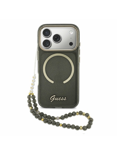 Guess Guess IML Glitter Script Strap MagSafe Заден Калъф за iPhone 17 Pro Черен