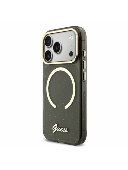 Guess Guess IML Glitter Script Strap MagSafe Заден Калъф за iPhone 17 Pro Черен