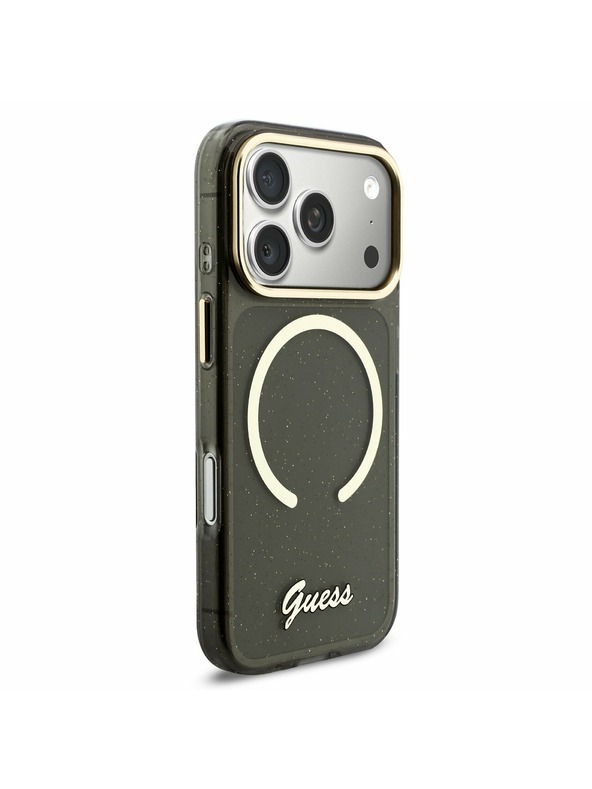 Guess Guess IML Glitter Script Strap MagSafe Заден Калъф за iPhone 17 Pro Черен