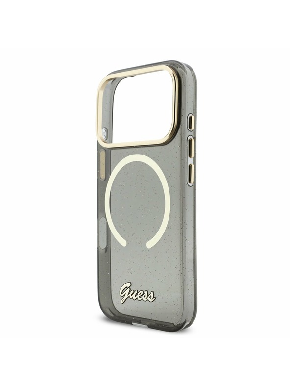 Guess Guess IML Glitter Script Strap MagSafe Заден Калъф за iPhone 17 Pro Черен