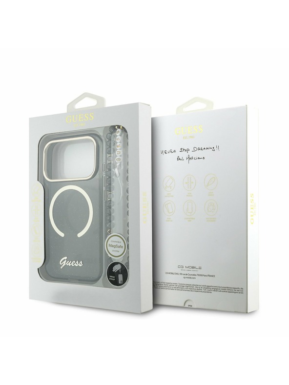 Guess Guess IML Glitter Script Strap MagSafe Заден Калъф за iPhone 17 Pro Черен