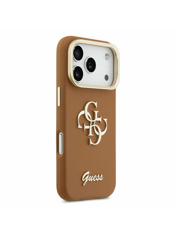 Guess Guess PU Grained 4G Logo Stand Camera Frame Задний Чехол за iPhone 17 Pro Brown