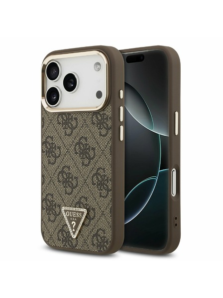Guess Guess PU Leather 4G Strass Triangle Logo Gold Frame MagSafe Задний Чехол за iPhone 17 Pro Brown