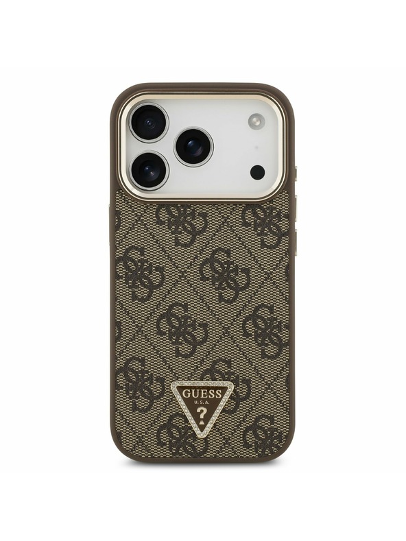 Guess Guess PU Leather 4G Strass Triangle Logo Gold Frame MagSafe Задний Чехол за iPhone 17 Pro Brown