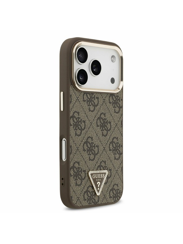 Guess Guess PU Leather 4G Strass Triangle Logo Gold Frame MagSafe Задний Чехол за iPhone 17 Pro Brown