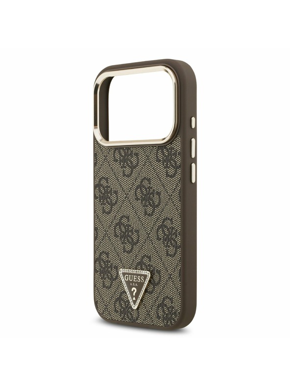 Guess Guess PU Leather 4G Strass Triangle Logo Gold Frame MagSafe Задний Чехол за iPhone 17 Pro Brown