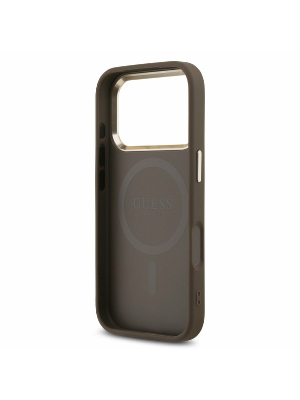 Guess Guess PU Leather 4G Strass Triangle Logo Gold Frame MagSafe Задний Чехол за iPhone 17 Pro Brown