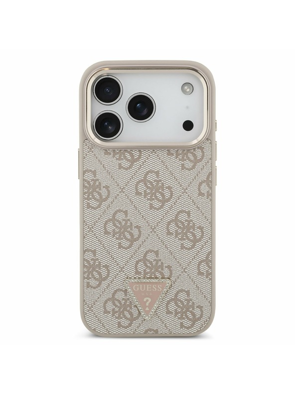 Guess Guess PU Leather 4G Strass Triangle Logo Gold Frame MagSafe Задний Чехол за iPhone 17 Pro Pink
