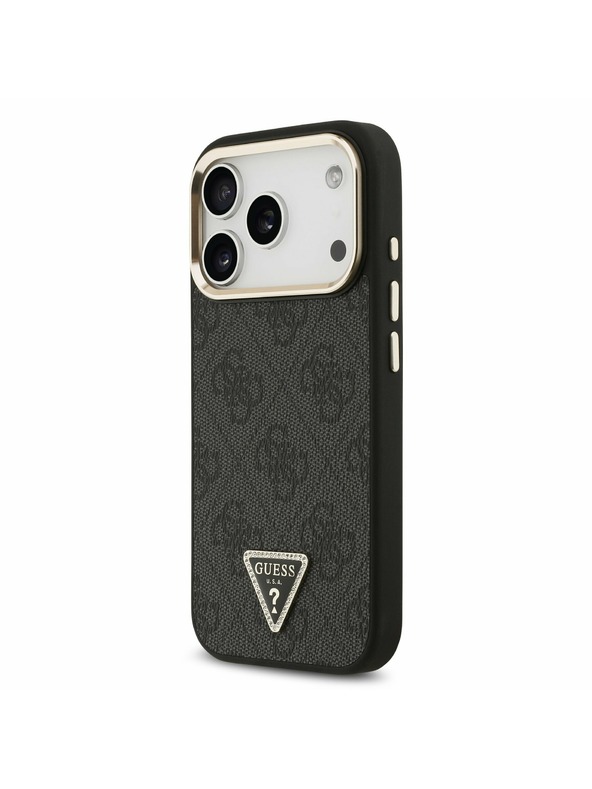 Guess Guess PU Leather 4G Strass Triangle Logo Gold Frame MagSafe Задний Чехол за iPhone 17 Pro Black