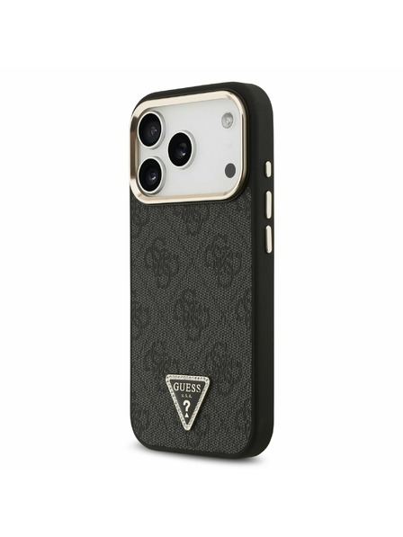 Guess Guess PU Leather 4G Strass Triangle Logo Gold Frame MagSafe Задний Чехол за iPhone 17 Pro Black