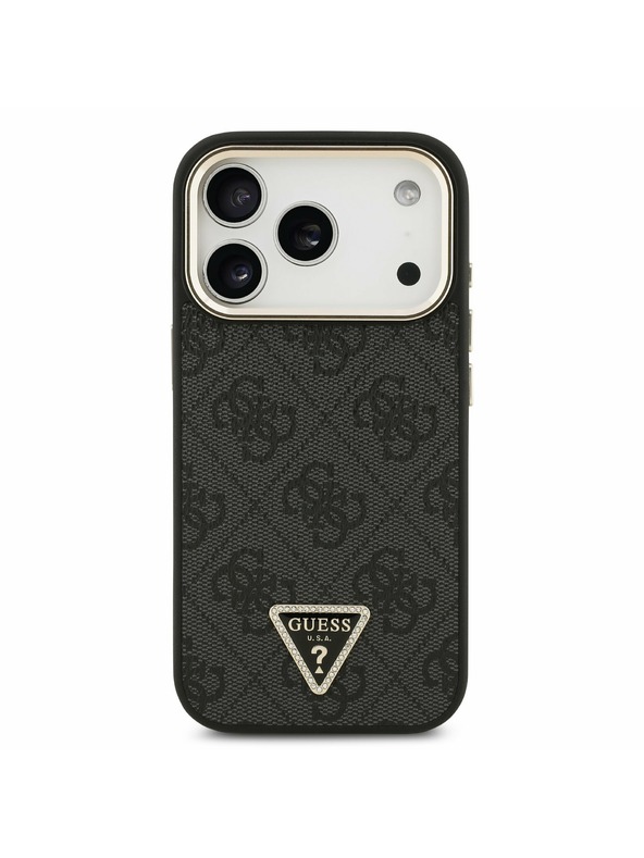 Guess Guess PU Leather 4G Strass Triangle Logo Gold Frame MagSafe Задний Чехол за iPhone 17 Pro Black