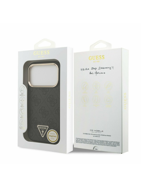 Guess Guess PU Leather 4G Strass Triangle Logo Gold Frame MagSafe Задний Чехол за iPhone 17 Pro Black