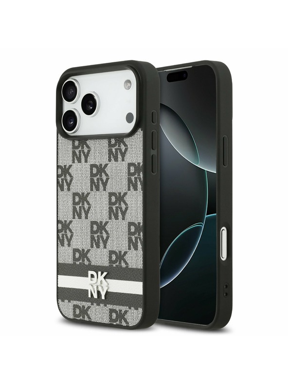 DKNY DKNY PU Leather Checkered Pattern and Stripe Заден калъф за iPhone 17 Pro Max Black