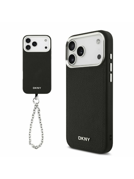 DKNY DKNY PU Leather Metal Logo Wrist Chain MagSafe Заден калъф за iPhone 17 Pro Max Black
