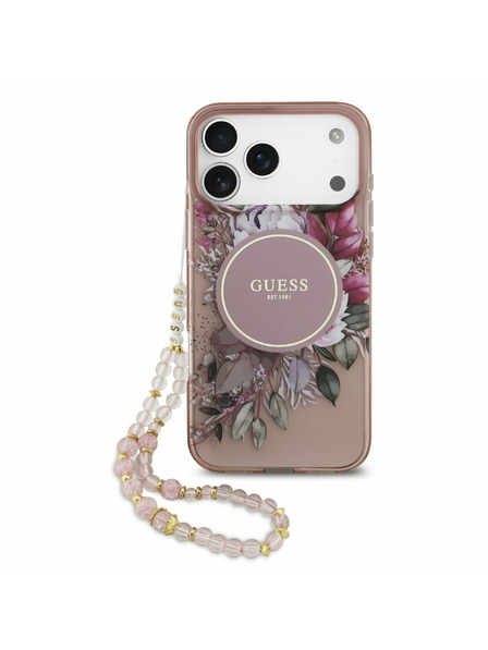 Guess Guess IML Flowers Strap MagSafe Задний калъф за iPhone 17 Pro Max Pink