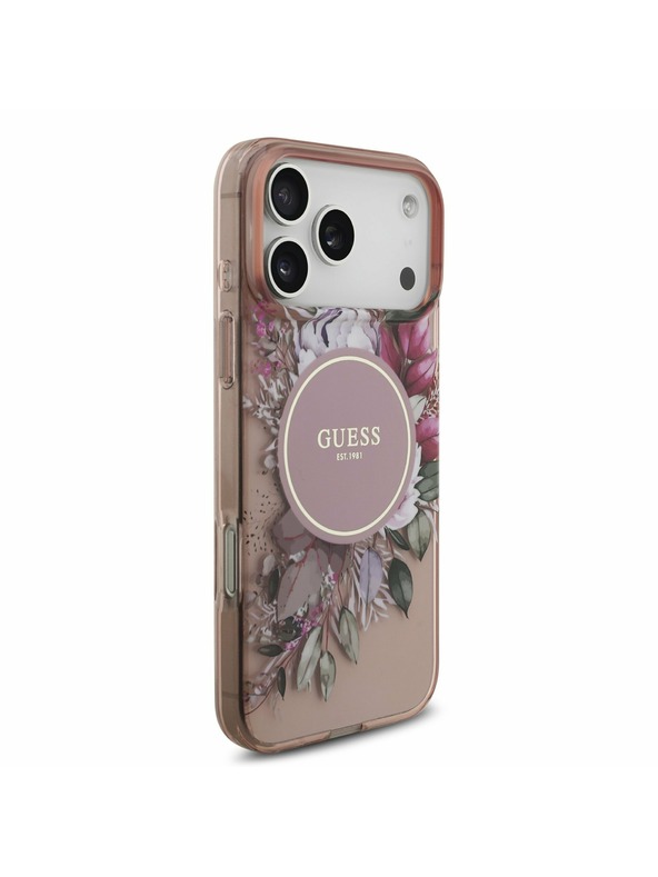 Guess Guess IML Flowers Strap MagSafe Задний калъф за iPhone 17 Pro Max Pink