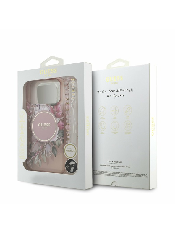 Guess Guess IML Flowers Strap MagSafe Задний калъф за iPhone 17 Pro Max Pink
