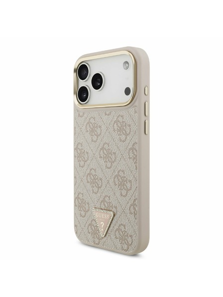 Guess Guess PU Leather 4G Strass Triangle Logo Gold Frame MagSafe Задний калъф за iPhone 17 Pro Max Pink