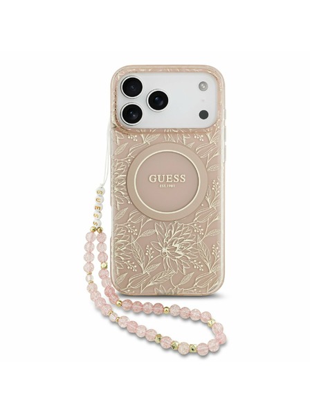 Guess Guess IML Flowers Allover Strap MagSafe Задний калъф за iPhone 17 Pro Max Pink