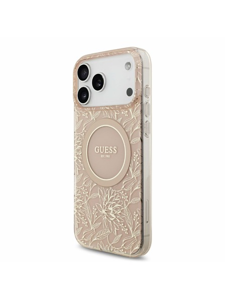 Guess Guess IML Flowers Allover Strap MagSafe Задний калъф за iPhone 17 Pro Max Pink