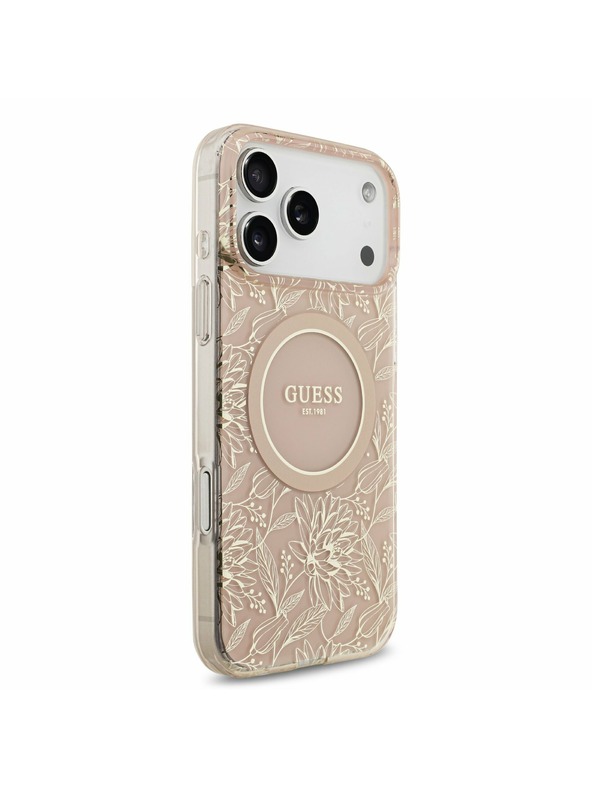 Guess Guess IML Flowers Allover Strap MagSafe Задний калъф за iPhone 17 Pro Max Pink
