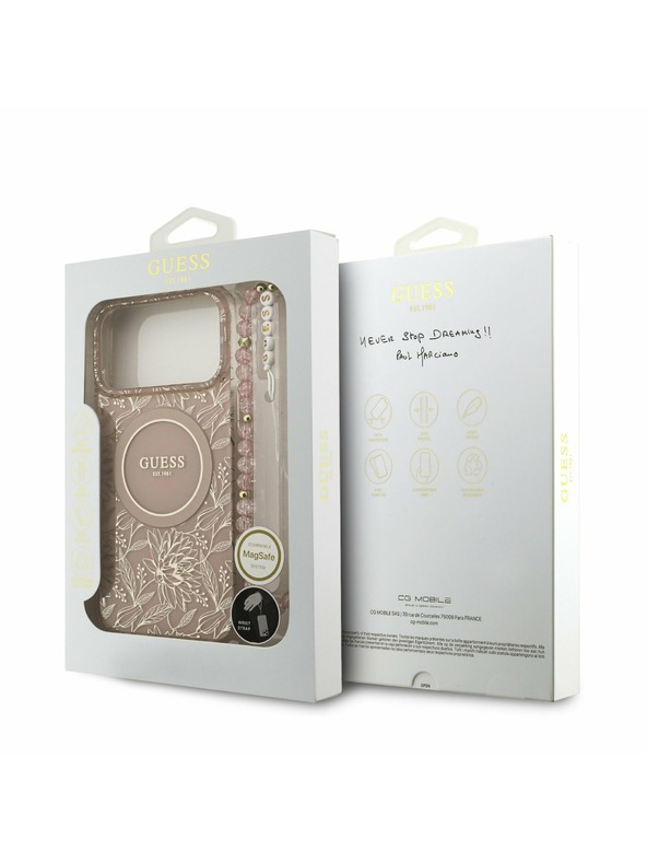 Guess Guess IML Flowers Allover Strap MagSafe Задний калъф за iPhone 17 Pro Max Pink