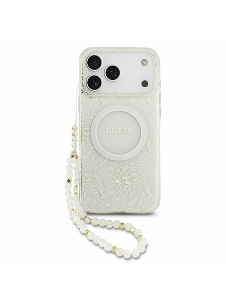 Guess Guess IML Flowers Allover Strap MagSafe Задний калъф за iPhone 17 Pro Max White