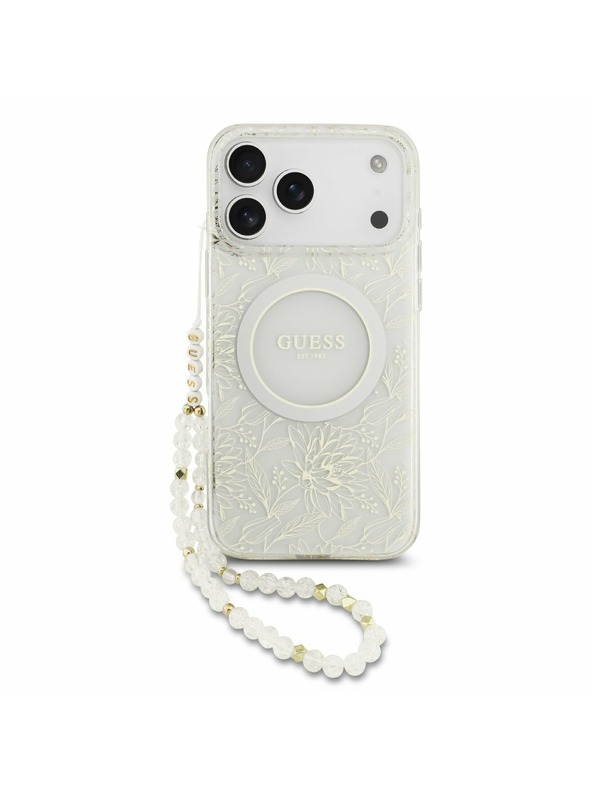 Guess Guess IML Flowers Allover Strap MagSafe Задний калъф за iPhone 17 Pro Max White