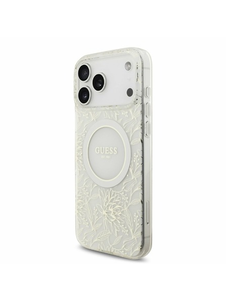 Guess Guess IML Flowers Allover Strap MagSafe Задний калъф за iPhone 17 Pro Max White