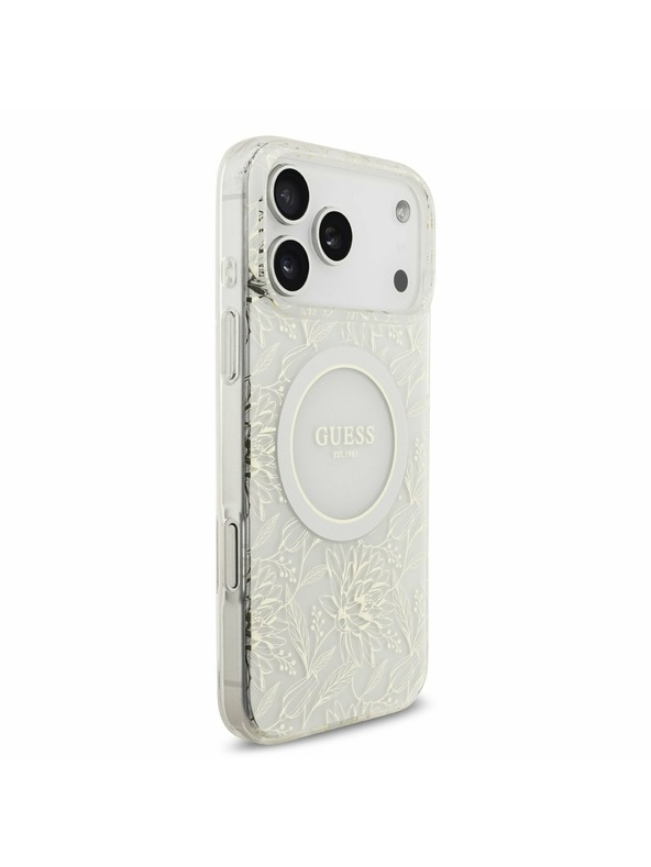 Guess Guess IML Flowers Allover Strap MagSafe Задний калъф за iPhone 17 Pro Max White