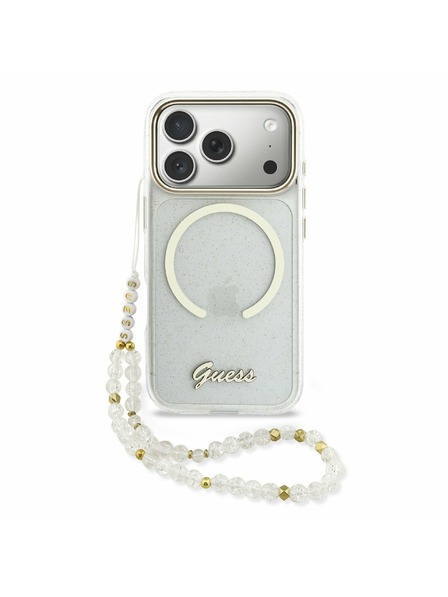 Guess Guess IML Glitter Script Strap MagSafe Задний калъф за iPhone 17 Pro Max Transparent