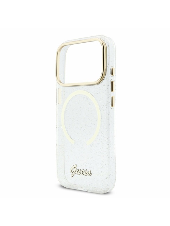 Guess Guess IML Glitter Script Strap MagSafe Задний калъф за iPhone 17 Pro Max Transparent