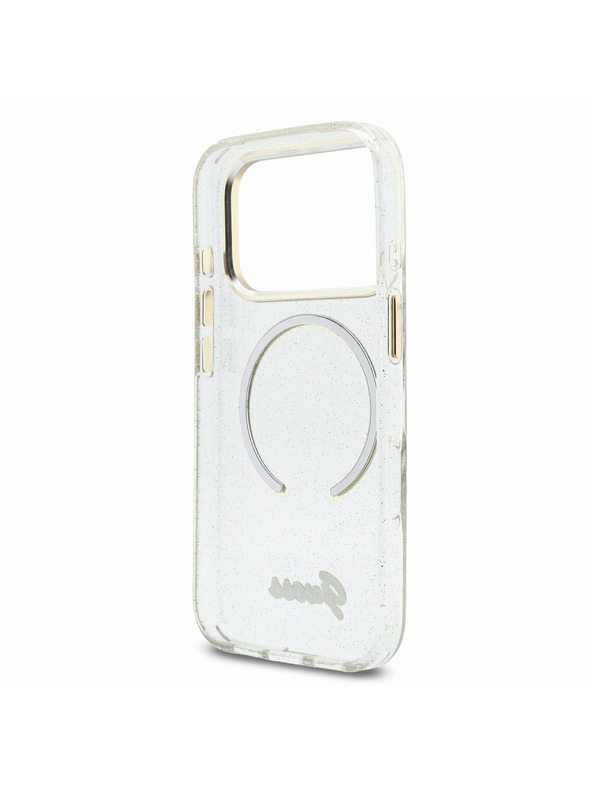 Guess Guess IML Glitter Script Strap MagSafe Задний калъф за iPhone 17 Pro Max Transparent