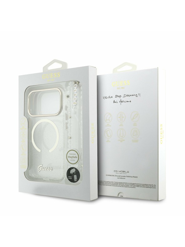 Guess Guess IML Glitter Script Strap MagSafe Задний калъф за iPhone 17 Pro Max Transparent