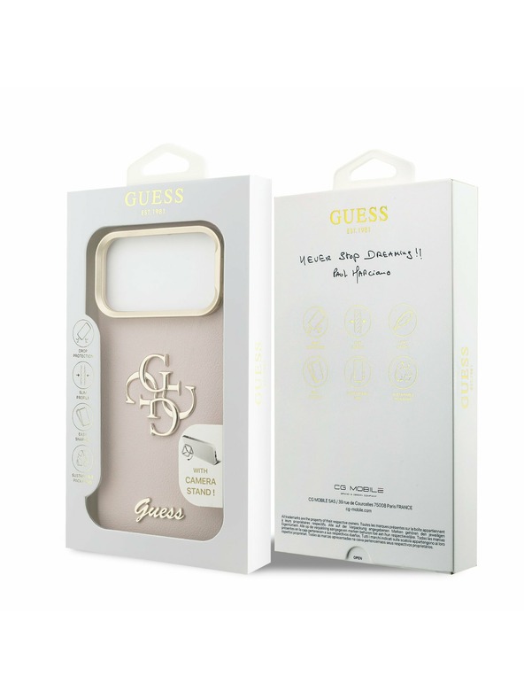 Guess Guess PU Grained 4G Logo Stand Camera Frame Задний калъф за iPhone 17 Pro Max Pink